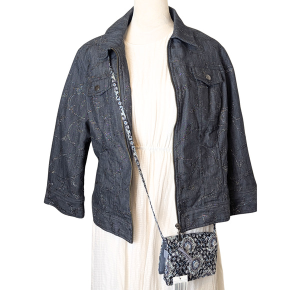 Boho Chic Dark Zip Up Denim Jacket Whimsical Embroidered Embellishment Size 12 - Picture 2 of 9